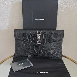 AUTHENTIC YSL Black Croc-Embossed Uptown Clutch with Silver Hardware